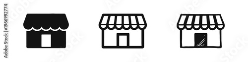 Retail shop building icon set with striped awning design in various styles.