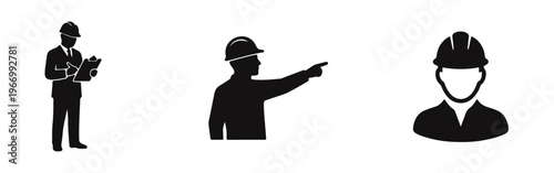 Professional Construction Engineer and Worker Silhouette Icon Set