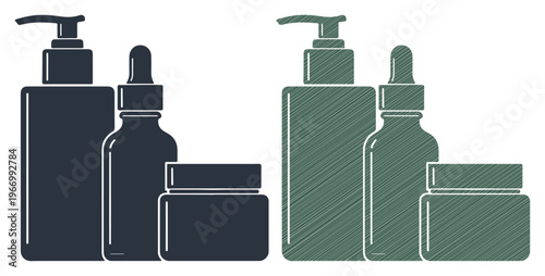 Cosmetic bottles and containers, skincare product packaging, black and green icons, vector set
