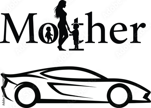 Silhouette of a mother with two children standing above a sleek sports car family
