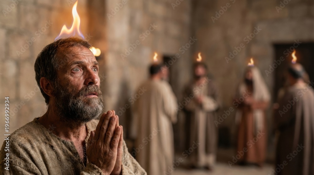 Fototapeta premium Man apostle praying with flames above his head during Pentecost. Religious concept of the descent of the Holy Spirit for Christian church.
