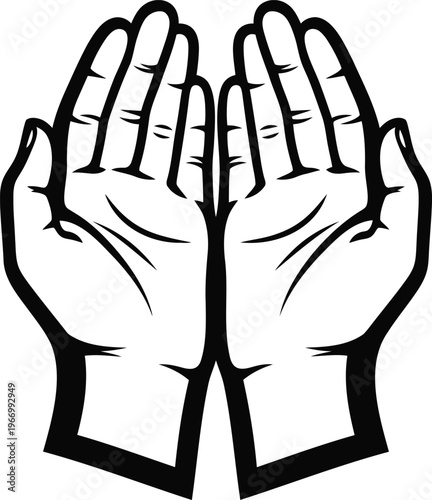 Two cupped open hands reaching upwards in a gesture of prayer or supplication against a white background