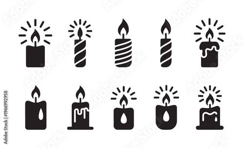 Diverse candle silhouettes including striped melting and glowing styles for versatile decorative graphic assets.