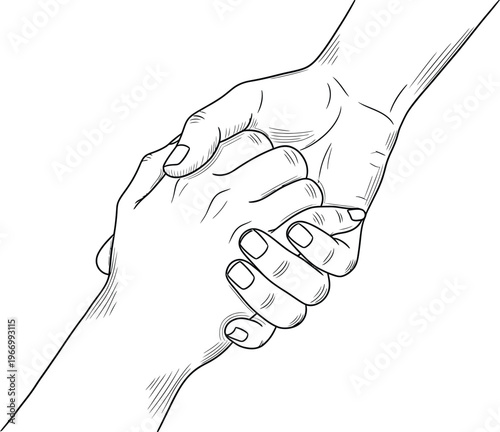 Two hands clasped together in a black and white line with hatching detail clasping holding connection
