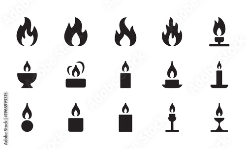Collection of various black silhouette flame and candle icons in different styles on a white background.