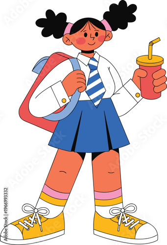 Cheerful schoolgirl with backpack and drink