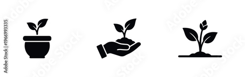Minimalist black icons for plant growth and environmental sustainability
