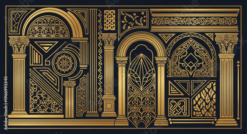 Ornate Golden Architectural Elements with Arches and Columns.