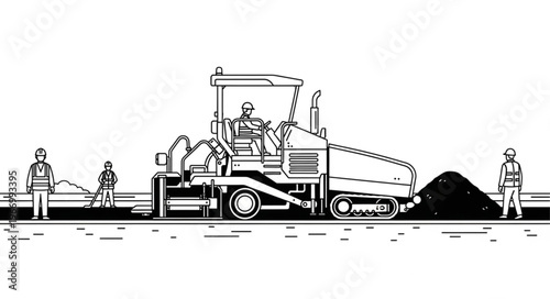 Road construction asphalt paving machine working on site.