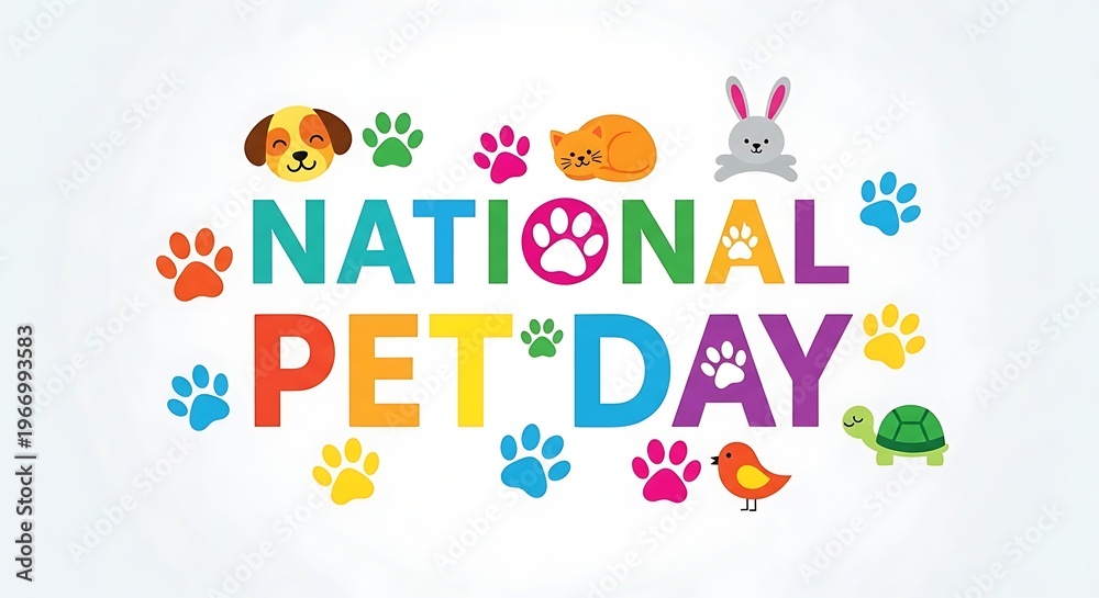 Fototapeta premium National pet day celebration graphic with cute animal icons and paw prints