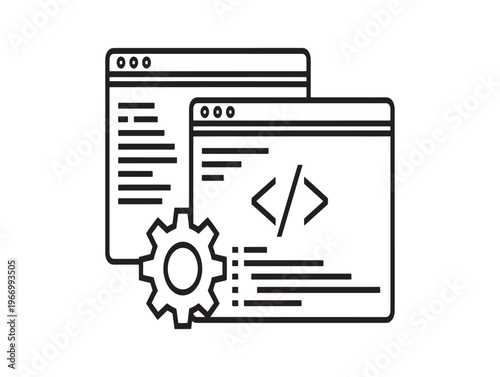 Web development, coding, and website design elements, gear icon, black line art isolated on White Background