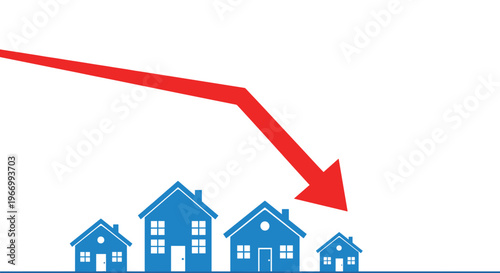 Real estate market crash and property value decline illustration with several blue houses under a sharp falling red trend arrow.