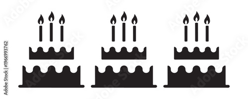 Minimalist black birthday cake icons with three candles for celebration anniversary and holiday graphic design.
