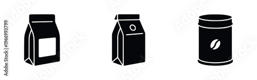 Minimalist black icons of coffee bags and canister packaging
