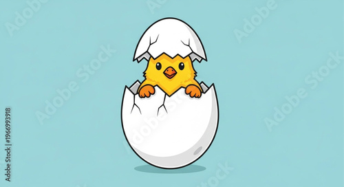 Cute cartoon chick hatching from a cracked eggshell.