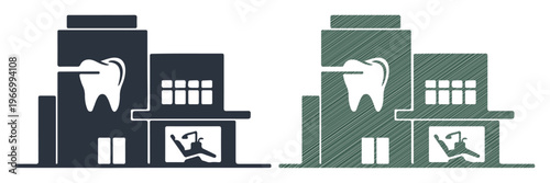 Modern dental clinic building with tooth logo and dentist at work