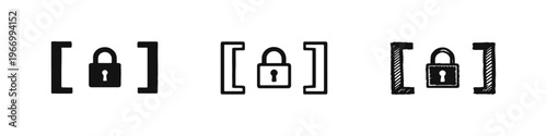 Square Brackets with Padlock Icon Set Representing Secure Data or Code.