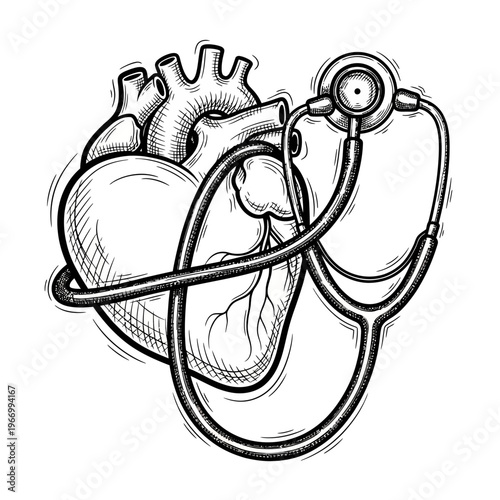 Heart with stethoscope medical symbol.