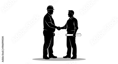 Two men in silhouette shaking hands wearing hard hats.