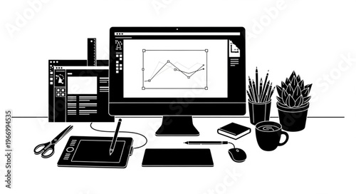 Graphic design workstation with computer and drawing tablet.