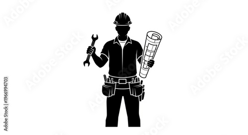 Construction worker holding wrench and blueprints silhouette.