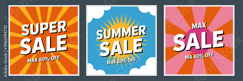 Colorful sale banners with sunburst designs and discounts  promotional posters