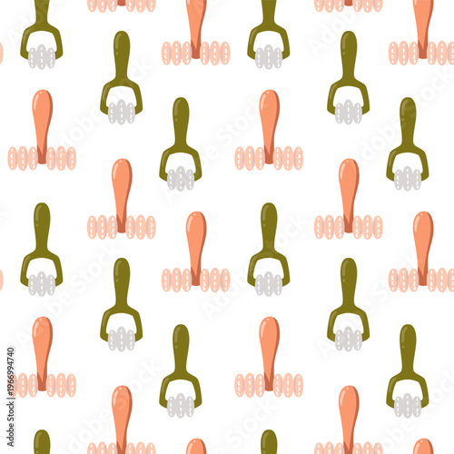 Geometric pattern of wooden massage rollers and tools. A structured and clean design for physical therapy and wellness related graphics.