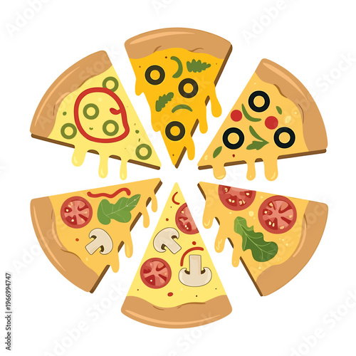 Delicious slices of pizza with various toppings arranged in a circle on white background