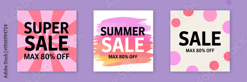 Sale posters with discounts and colorful designs on purple background