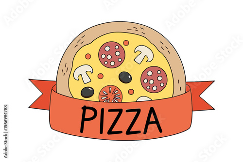 Colorful illustration of a delicious pizza with various toppings and a red banner