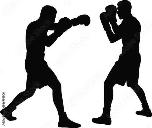 Boxing fighters silhouette vector with sparring poses, combat sport training illustration, dynamic athlete action design