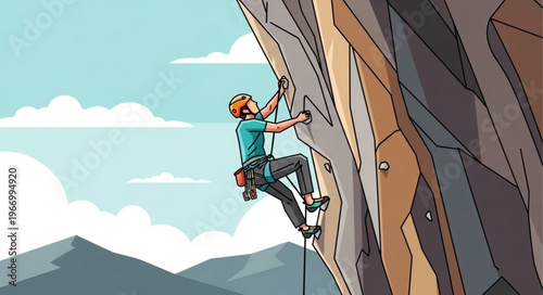 Man climbing steep rock face with climbing gear.