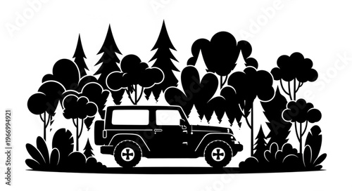 Black silhouette of an off road vehicle driving through a forest.