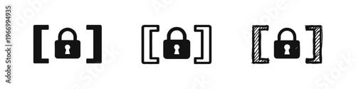 Padlock Security Icon in Square Brackets Set - Solid, Outline, and Hand-Drawn Styles