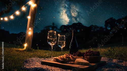 Romantic night picnic in Australian vineyard, glowing string lights hanging between wooden posts, two wine glasses catching warm light, grazing board with fruits and cheese on blanket