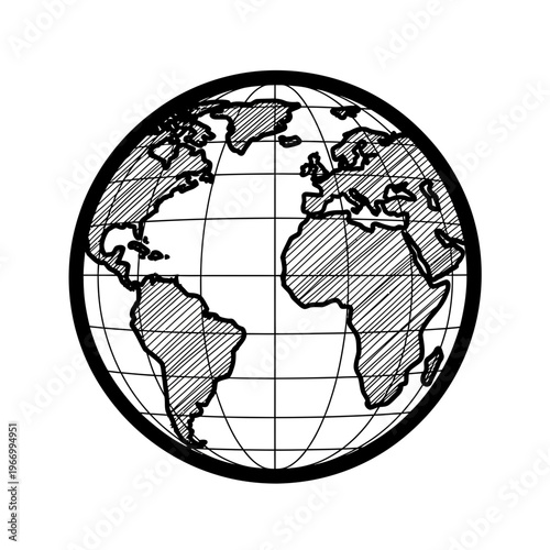 Black and white globe illustration.