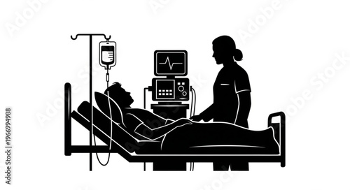 Nurse Attends Patient in Hospital Bed with Medical Equipment.