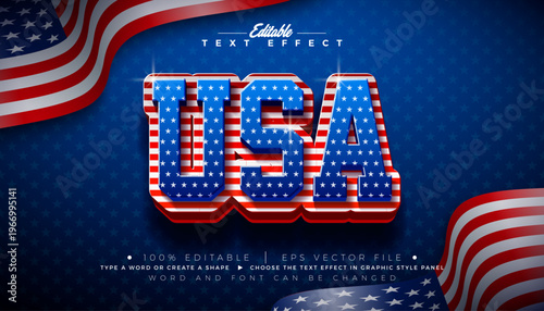USA Text Effect Design Editable Vector Graphic Style with United States of America Flag Pattern Typography on Star Texture Background. Independence Day or Memorial Day Customizable Illustration