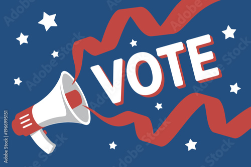 Vote election announcement with megaphone and stars on blue background