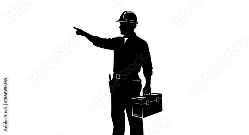 Silhouette of a construction worker pointing with a toolbox.
