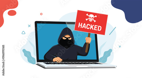 Cyber security attack concept with a dark hooded hacker emerging from a laptop screen holding a red sign with a hacked message and skull.