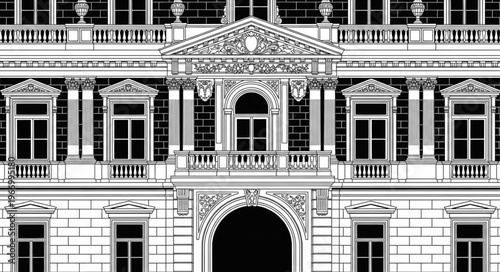 Ornate Classical Building Facade with Arched Entrance and Balcony.