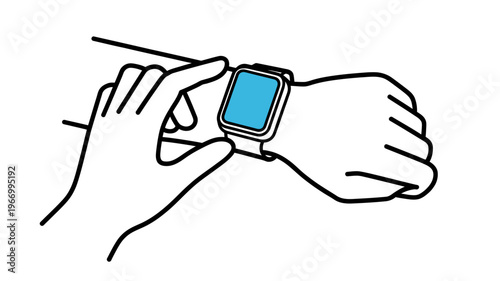 Hands holding and interacting with smartwatch on wrist with blue screen