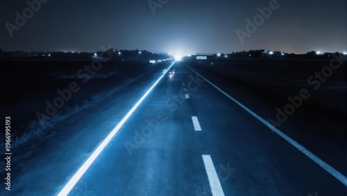 Illuminated highway stretches into a darkened horizon at night, showing lights in distance