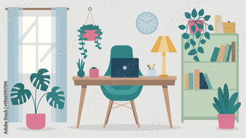 Cozy home office with plants and modern furniture  comfortable workspace with laptop and books