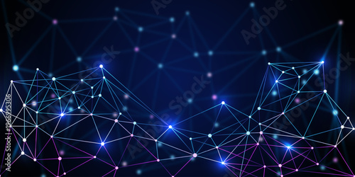 Abstract digital network background with glowing connected nodes and bright lines on a dark blue gradient illustrating data communication, technology flow, and futuristic connectivity.