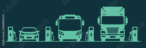 Electric vehicle charging station with car bus and truck  eco friendly transportation concept