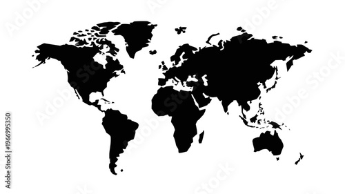 Black silhouette of world map continents on white background