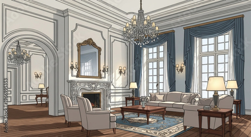 Elegant formal living room interior design with ornate details.