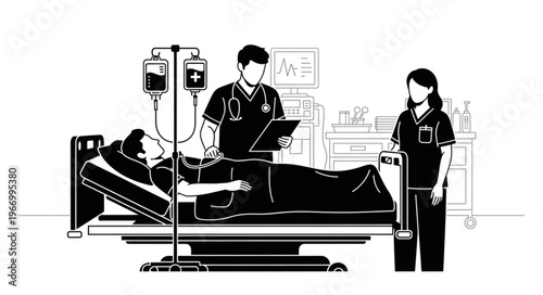 Medical professionals caring for patient in hospital bed with IV drip.